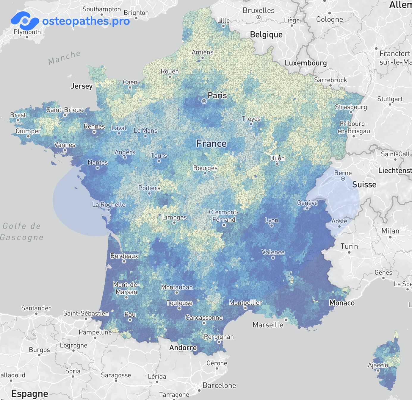 Ratio habitants par ostéopathe en France en 2024